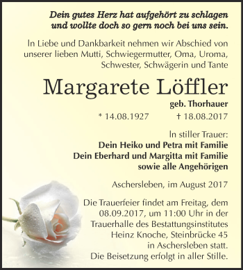 Traueranzeige von Margarete Löffler von Super Sonntag Aschersleben
