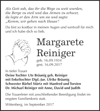 Traueranzeige von Margarete Reiniger von WVG - Wochenspiegel Wittenberg
