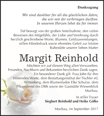 Traueranzeige von Margit Reinhold von WVG - Wochenspiegel Wittenberg