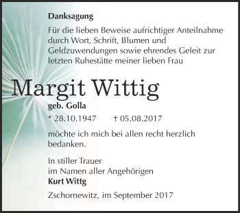 Traueranzeige von Margit Wittig von WVG - Wochenspiegel Wittenberg