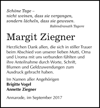 Traueranzeige von Margit Ziegner von Mitteldeutsche Zeitung Mansfelder Land
