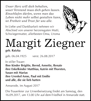 Traueranzeige von Margit Ziegner von Wochenspiegel Mansfelder Land