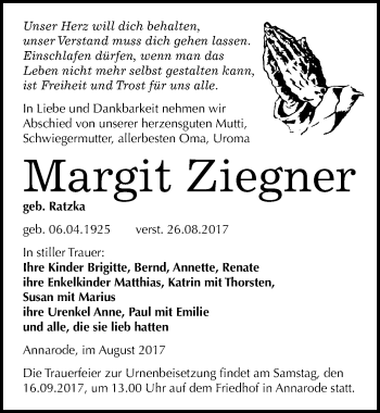 Traueranzeige von Margit Ziegner von Mitteldeutsche Zeitung Mansfelder Land
