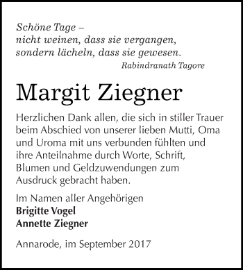 Traueranzeige von Margit Ziegner von Wochenspiegel Mansfelder Land