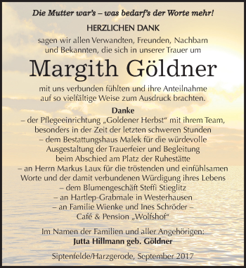 Traueranzeige von Margith Göldner von Mitteldeutsche Zeitung Quedlinburg