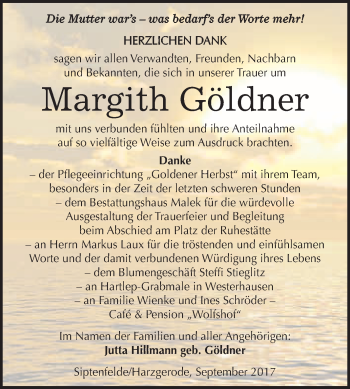 Traueranzeige von Margith Göldner von WVG - Wochenspiegel Quedlinburg
