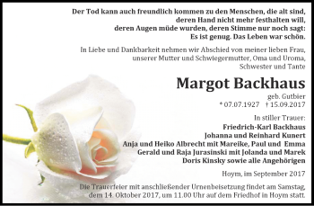 Traueranzeige von Margot Backhaus von Super Sonntag Aschersleben
