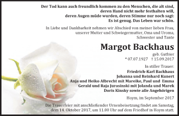 Traueranzeige von Margot Backhaus von Mitteldeutsche Zeitung Aschersleben