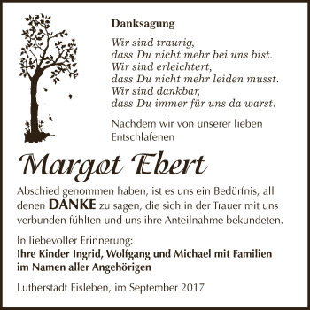 Traueranzeige von Margot Ebert von Wochenspiegel Mansfelder Land