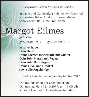 Traueranzeige von Margot Eilmes von Mitteldeutsche Zeitung Wittenberg