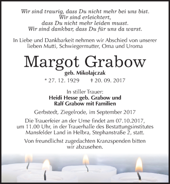 Traueranzeige von Margot Grabow von Mitteldeutsche Zeitung Mansfelder Land