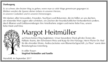 Traueranzeige von Margot Heitmüller von Mitteldeutsche Zeitung Mansfelder Land