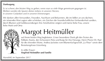 Traueranzeige von Margot Heitmüller von Super Sonntag SGH Mansf. Land