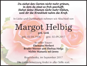 Traueranzeige von Margot Helbig von Mitteldeutsche Zeitung Merseburg/Querfurt