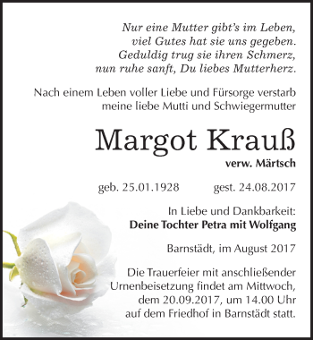 Traueranzeige von Margot Krauß von Mitteldeutsche Zeitung Merseburg/Querfurt