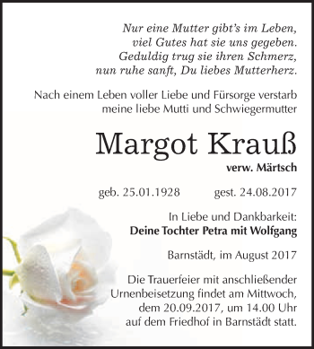 Traueranzeige von Margot Krauß von WVG - Wochenspiegel Merseburg