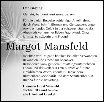 Traueranzeige von Margot Mansfeld von Mitteldeutsche Zeitung Bitterfeld