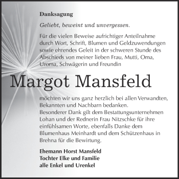Traueranzeige von Margot Mansfeld von WVG - Wochenspiegel Bitterfeld
