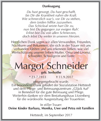 Traueranzeige von Margot Schneider von Mitteldeutsche Zeitung Mansfelder Land
