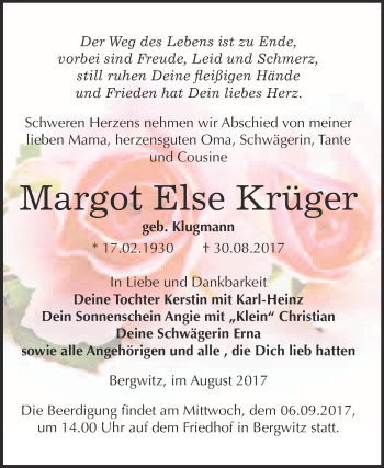 Traueranzeige von Margot Else Krüger von WVG - Wochenspiegel Wittenberg