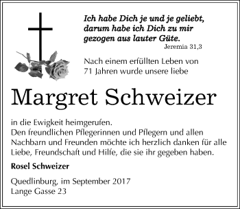 Traueranzeige von Margret Schweizer von Mitteldeutsche Zeitung Quedlinburg