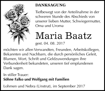 Traueranzeige von Maria Baatz von Mitteldeutsche Zeitung Halle/Saalkreis