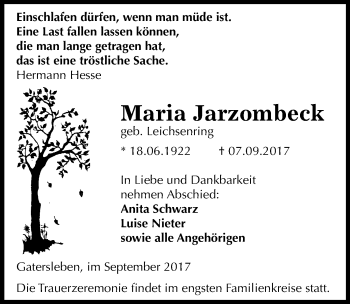 Traueranzeige von Maria Jarzombeck von Mitteldeutsche Zeitung Aschersleben