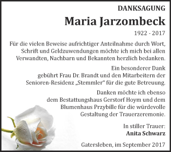 Traueranzeige von Maria Jarzombeck von Super Sonntag Aschersleben