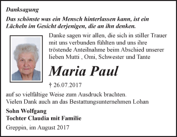 Traueranzeige von Maria Paul von WVG - Wochenspiegel Bitterfeld