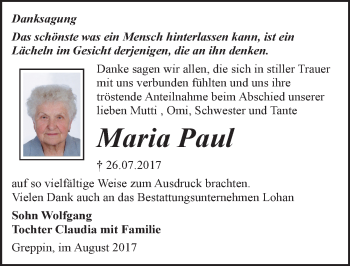 Traueranzeige von Maria Paul von Mitteldeutsche Zeitung Bitterfeld