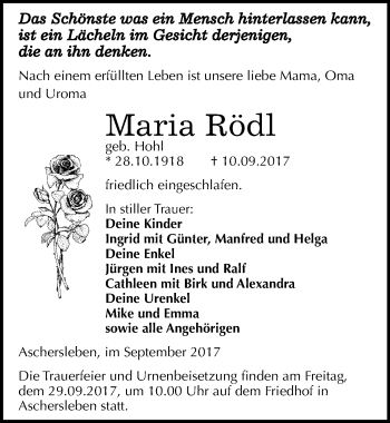 Traueranzeige von Maria Rödl von Mitteldeutsche Zeitung Aschersleben