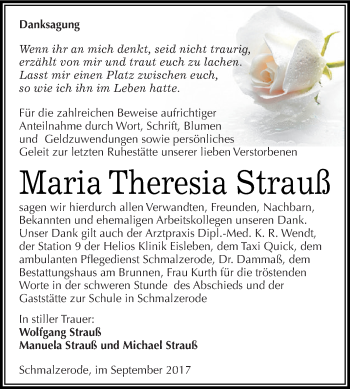 Traueranzeige von Maria Theresia Strauß von Wochenspiegel Mansfelder Land