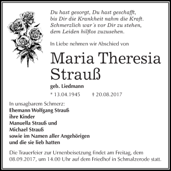 Traueranzeige von Maria Theresia Strauß von Wochenspiegel Mansfelder Land