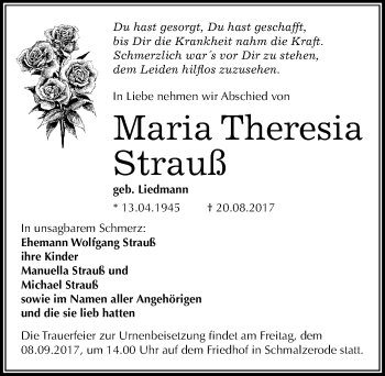 Traueranzeige von Maria Theresia Strauß von Mitteldeutsche Zeitung Mansfelder Land
