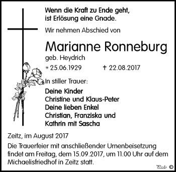 Traueranzeige von Marianne Ronneburg von Mitteldeutsche Zeitung Weißenfels