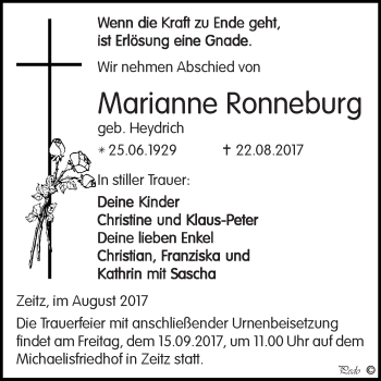 Traueranzeige von Marianne Ronneburg von WVG - Wochenspiegel NMB / WSF / ZTZ