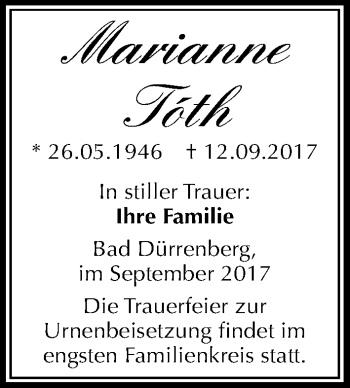 Traueranzeige von Marianne Tóth von Mitteldeutsche Zeitung Merseburg/Querfurt