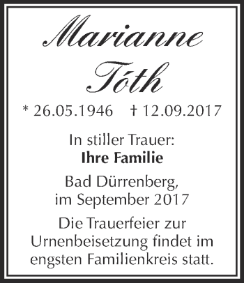Traueranzeige von Marianne Tóth von Super Sonntag Merseburg