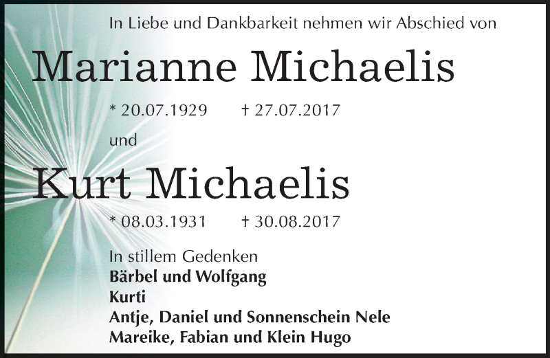  Traueranzeige für Marianne und Kurt Michaelis vom 16.09.2017 aus Mitteldeutsche Zeitung Dessau-Roßlau