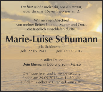 Traueranzeige von Marie-Luise Schumann von Super Sonntag Wittenberg
