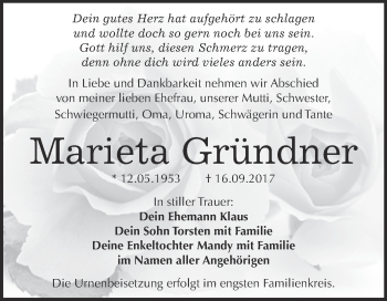 Traueranzeige von Marieta Gründner von WVG - Wochenspiegel Bitterfeld