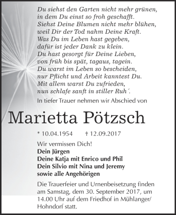 Traueranzeige von Marietta Pötzsch von WVG - Wochenspiegel Wittenberg