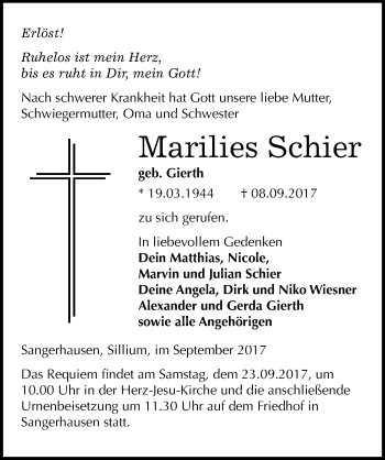 Traueranzeige von Marilies Schier von Mitteldeutsche Zeitung Sangerhausen
