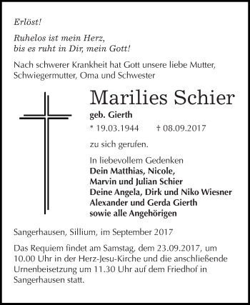 Traueranzeige von Marilies Schier von Super Sonntag SGH Mansf. Land
