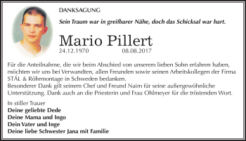 Traueranzeige von Mario Pillert von Mitteldeutsche Zeitung Mansfelder Land