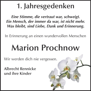 Traueranzeige von Marion Prochnow von Wochenspiegel Mansfelder Land
