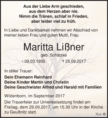 Traueranzeige von Maritta Lißner von Mitteldeutsche Zeitung Zeitz