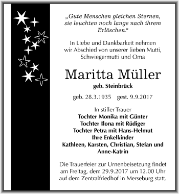Traueranzeige von Maritta Müller von Mitteldeutsche Zeitung Merseburg/Querfurt