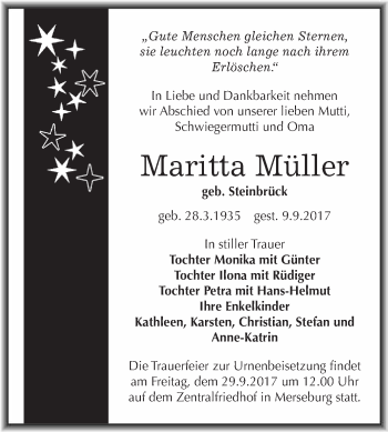 Traueranzeige von Maritta Müller von WVG - Wochenspiegel Merseburg