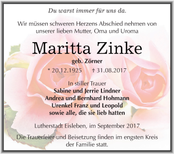 Traueranzeige von Maritta Zinke von Wochenspiegel Mansfelder Land